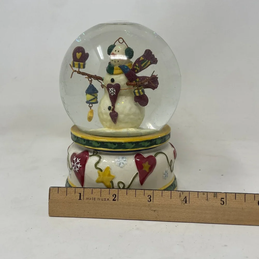 Vintage Snowman Musical Snow Globe Christmas Decor Hearts Stars Glitter